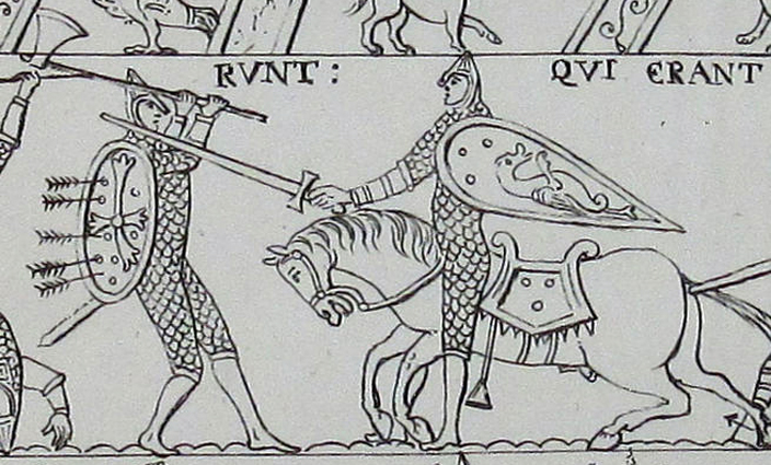 Drawing of a scene from the Bayeux Tapestry, (produced in the 11th century depicting the Battle of Hastings). This scene shows a Norman knight (on the right) fighting with an English housecarl (on the left). The housecarl is holding a Danish axe. 